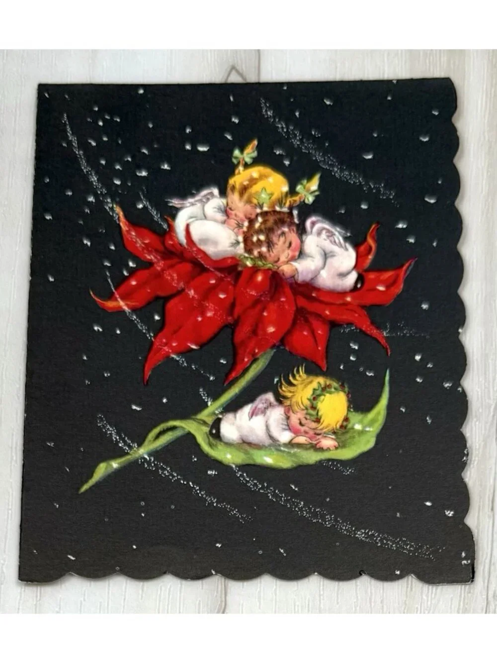 VTG UNUSED Christmas Card Artist EVE ROCKWELL Cheerie Cherubs Poinsettia CC107